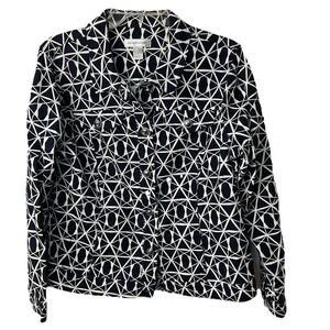 Christopher & Banks Blazer Trucker Jacket Size LG‎ Blue & White Geo Print Front